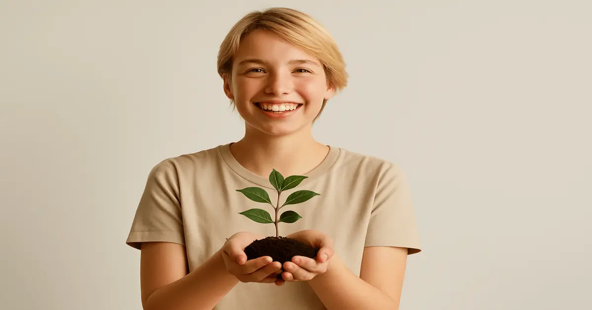 Mulher jovem segura muda de planta com sorriso, mostrando como calcular a pegada de carbono em hábitos sustentáveis.