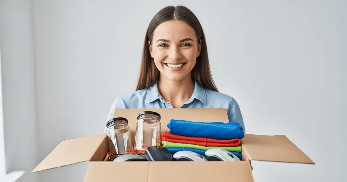 Mulher jovem sorrindo segura caixa com frascos, roupas e mouses, mostrando como ganhar dinheiro com lixo de forma sustentável.