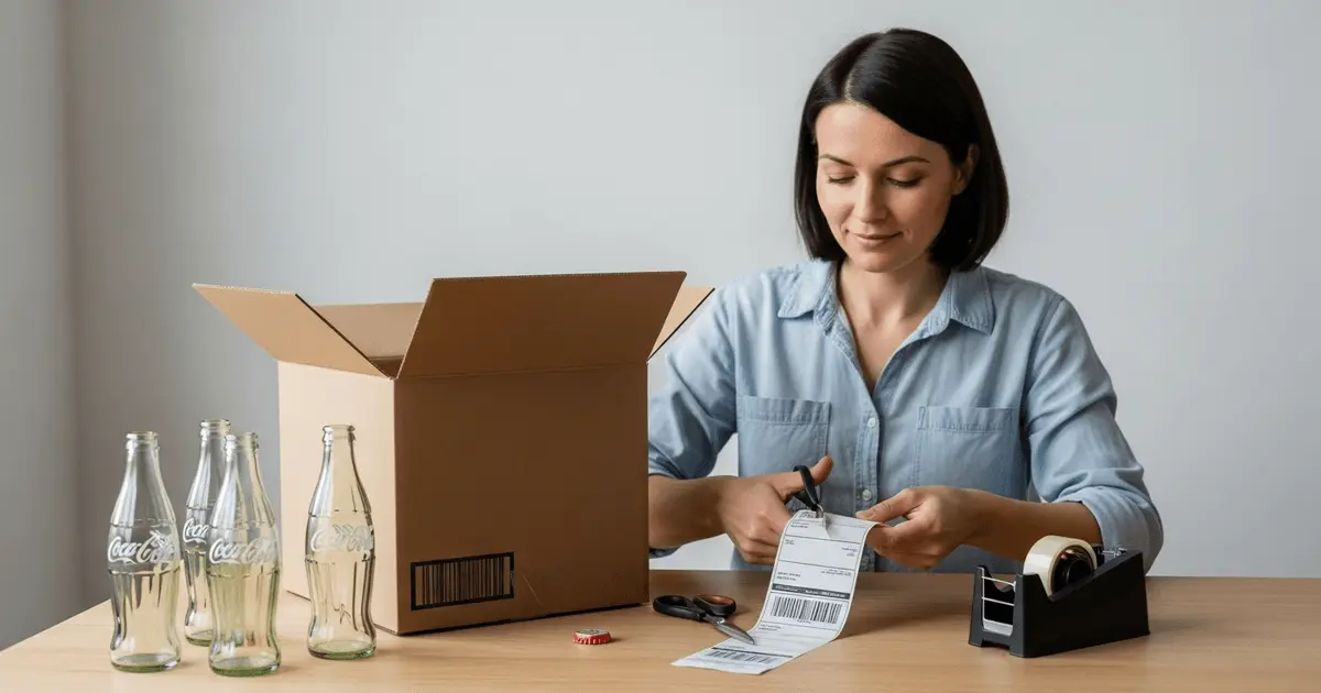 Mulher prepara caixa com garrafas de Coca-Cola de vidro vazias, mostrando como ganhar dinheiro com lixo de forma prática.