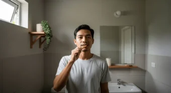 Homem em banheiro minimalista pratica higiene oral mostrando o que é miswak usado como alternativa natural à escova.