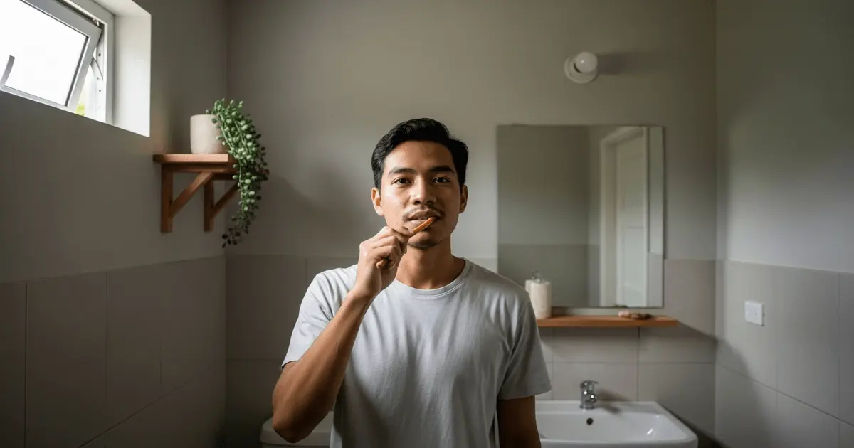 Homem em banheiro minimalista pratica higiene oral mostrando o que é miswak usado como alternativa natural à escova.