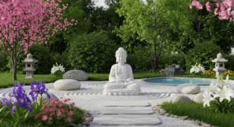 Jardim zen em casa ao ar livre, com estátua de Buda, flores coloridas, pedras, lago e árvores em cenário harmonioso.