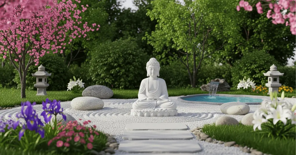 Jardim zen em casa ao ar livre, com estátua de Buda, flores coloridas, pedras, lago e árvores em cenário harmonioso.