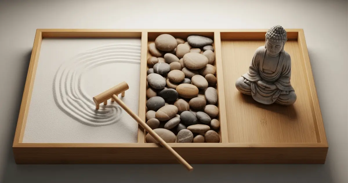 Mini jardim zen em casa sobre bandeja de madeira, com areia, ancinho, pedras e estátua de Buda em estilo minimalista.