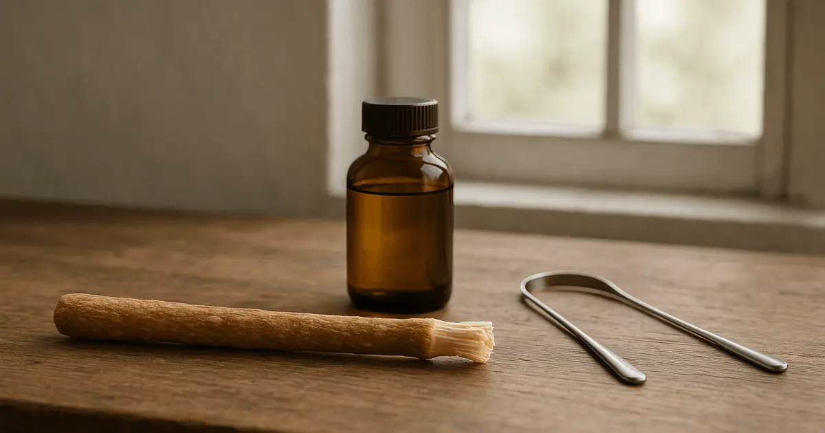 Conjunto natural para higiene bucal mostrando o que é miswak ao lado de óleo em frasco âmbar e raspador de língua inox.