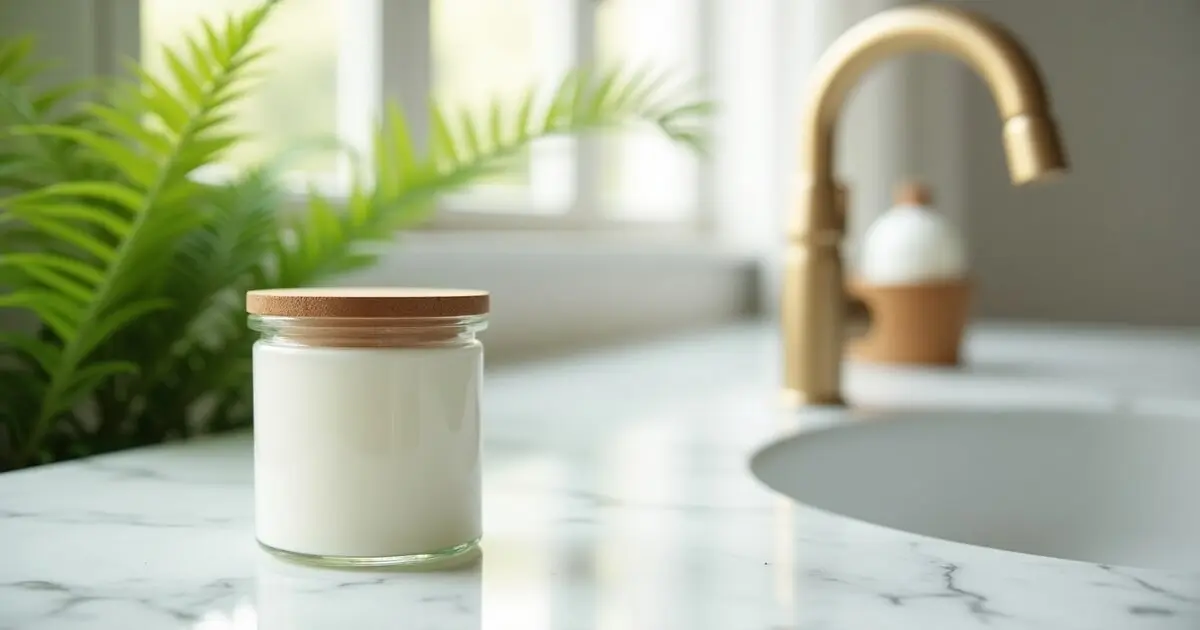 Frasco de vidro de pasta de dente natural com tampa de madeira sobre bancada de mármore em banheiro minimalista e iluminado.