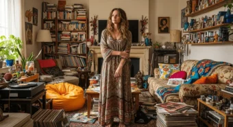 Mulher em vestido hippie observa sala cheia de livros e objetos, refletindo sobre dinheiro parado e consumo em excesso.