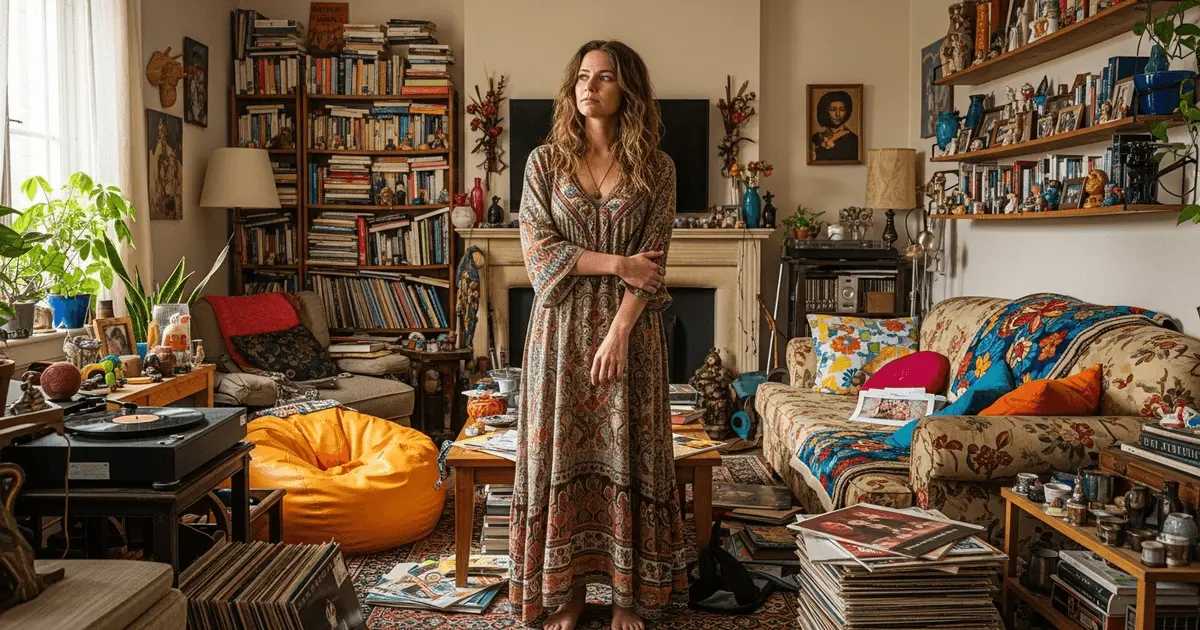 Mulher em vestido hippie observa sala cheia de livros e objetos, refletindo sobre dinheiro parado e consumo em excesso.