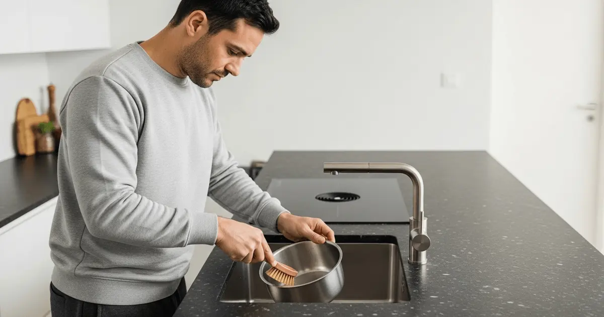 Homem de 35 anos limpando cuba de inox com escova de cobre em cozinha minimalista, produtos sustentáveis inovadores.