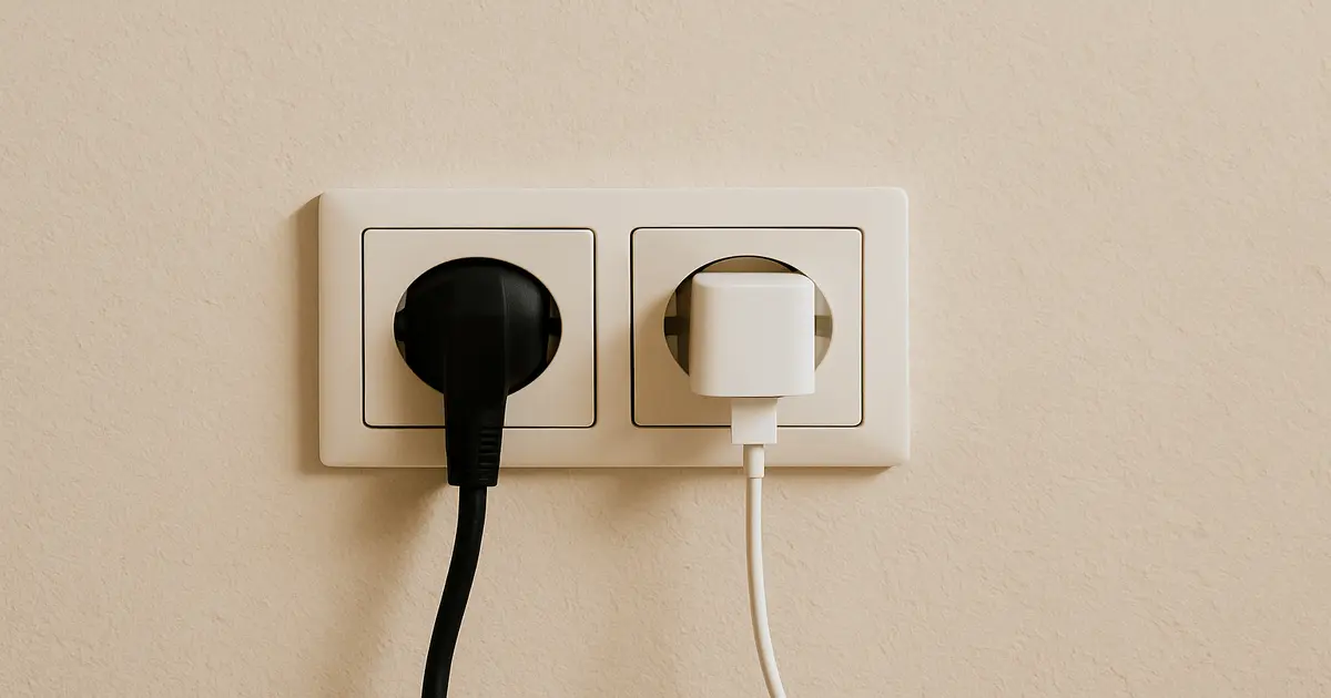 O que é consumo fantasma ? Tomada com carregador e cabo ligados, representando desperdício invisível de energia.