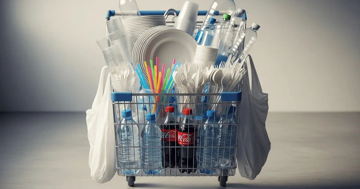 Carrinho de supermercado cheio de copos, pratos e sacolas plásticas, simbolizando o consumo exagerado de embalagem de uso único.
