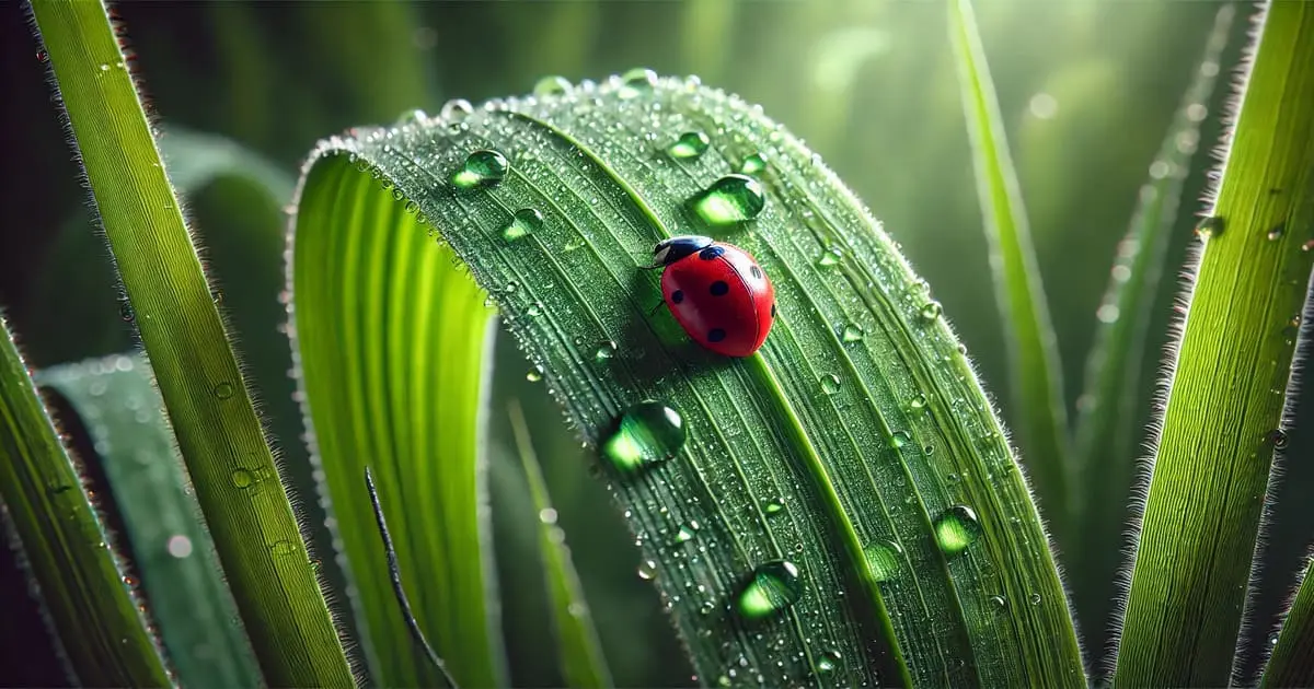 Joaninha sobre a folha verde simbolizando contato com a natureza, sustentabilidade e conexão econsciente.