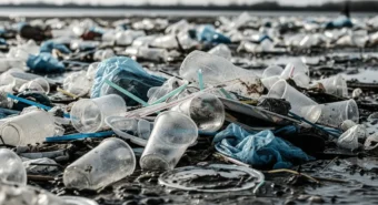 Montanha de copos, canudos, pratos e sacolas de plástico mostrando o impacto ambiental das embalagens de uso único.