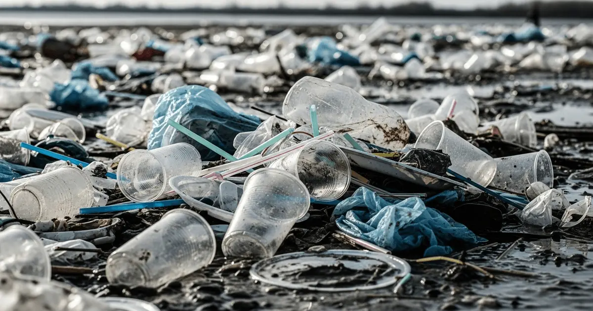 Montanha de copos, canudos, pratos e sacolas de plástico mostrando o impacto ambiental das embalagens de uso único.