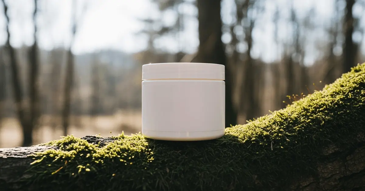 Frasco de creme hidratante sobre galho de árvore simbolizando o que significa greenwashing em campanhas ecológicas.