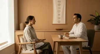 o que é medicina integrativa: paciente conversa com médico ayurveda em consultório acolhedor.