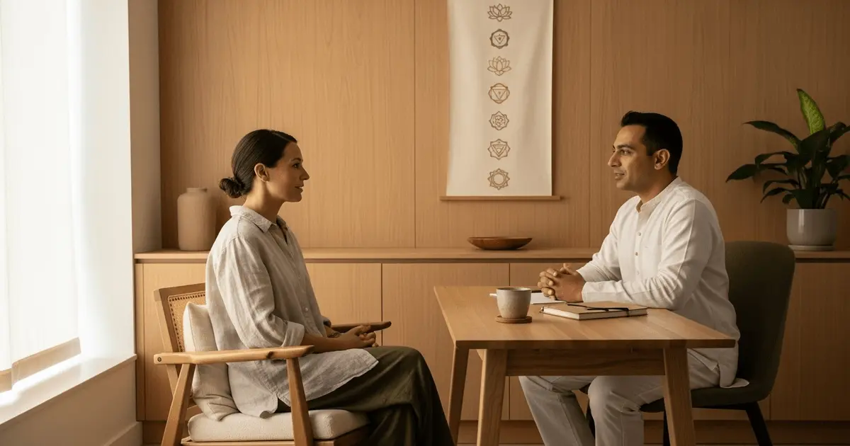 o que é medicina integrativa: paciente conversa com médico ayurveda em consultório acolhedor.