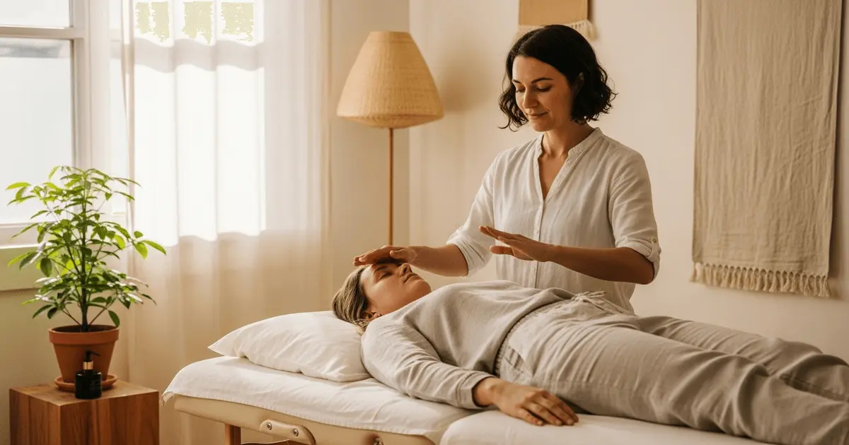 o que é medicina integrativa: terapeuta aplica reiki em paciente deitado, ambiente minimalista e luz natural.