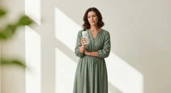 Mulher reflexiva segura frasco escrito ECO questionando o que significa greenwashing em produtos sustentáveis.