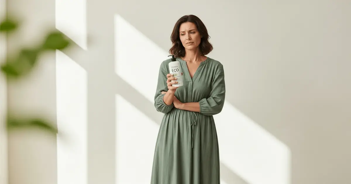 Mulher reflexiva segura frasco escrito ECO questionando o que significa greenwashing em produtos sustentáveis.