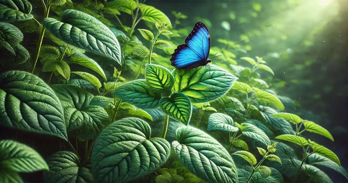 Borboleta azul sobre folhas verdes, representando equilíbrio com a natureza e sustentabilidade nos termos de uso econsciente.