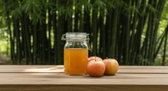 Frasco de vidro com vinagre de maçã caseiro e maçãs sobre mesa rústica diante de bambus, mostrando como fazer vinagre de maça caseiro.
