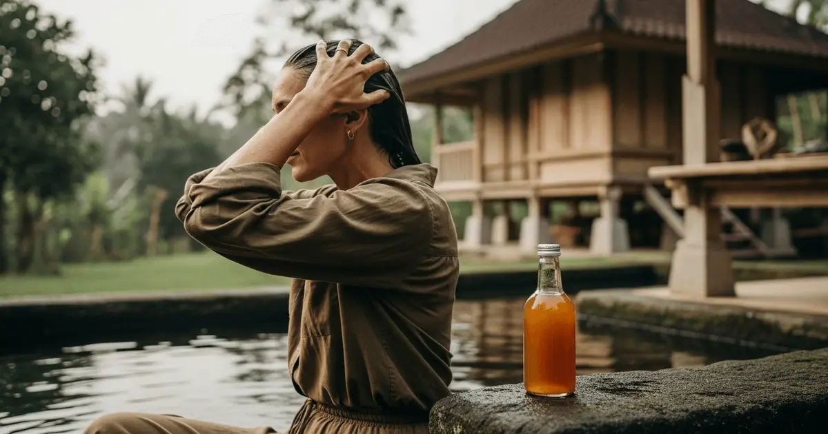 Mulher lavando o cabelo em fonte natural com frasco de vinagre de maçã à frente, exemplificando como fazer vinagre de maça caseiro.