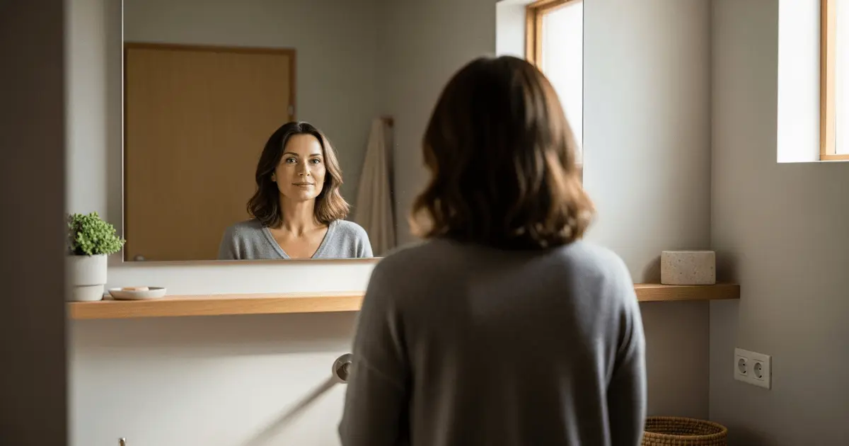 Mulher adulta se olha no espelho de banheiro minimalista, praticando afirmacoes diarias e cultivando autoconfianca interior.
