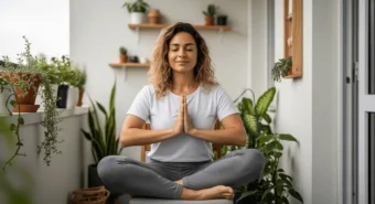 Mulher jovem meditando na varanda, olhos fechados e mãos em namaste, praticando afirmacoes diarias em ambiente minimalista.