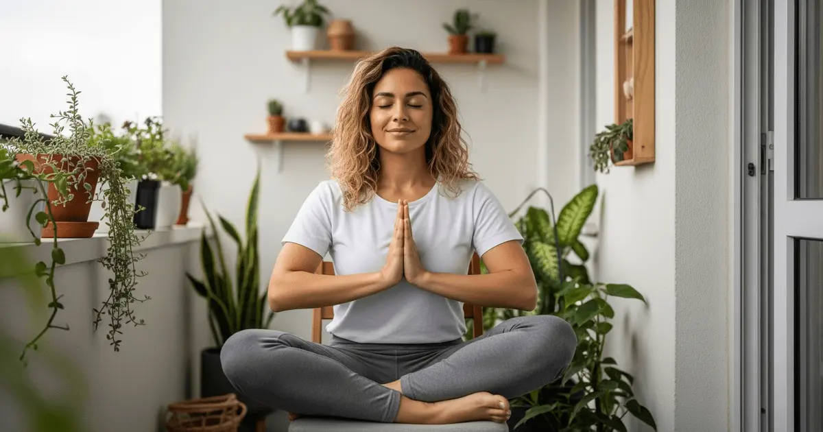 Mulher jovem meditando na varanda, olhos fechados e mãos em namaste, praticando afirmacoes diarias em ambiente minimalista.