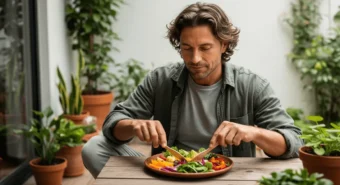 Homem praticando autocuidado natural ao almoçar ao ar livre prato colorido com legumes e verduras em ambiente acolhedor.