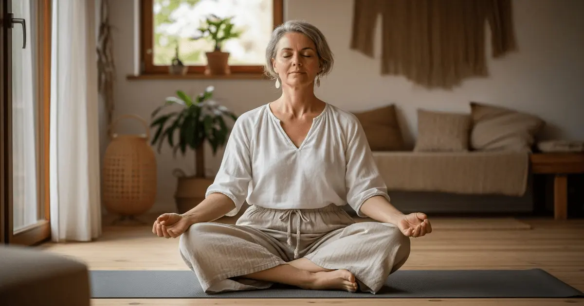 Mulher de 50 anos em postura de lótus praticando autocuidado natural em casa minimalista, meditando sobre tapete de yoga.