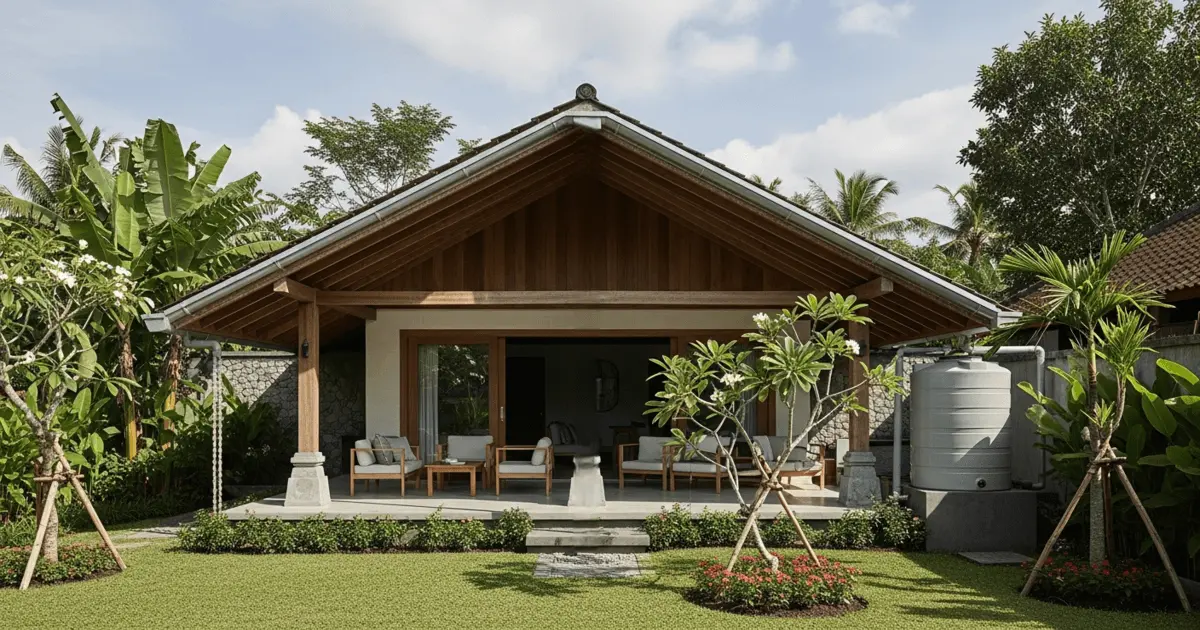 Casa tropical com telhado, calha e tanque lateral para coletar água da chuva, cercada por plantas e jardim verde.