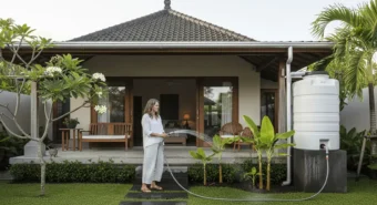 Mulher rega jardim usando sistema para coletar água da chuva em casa sustentável estilo Bali, com tanque e calha.