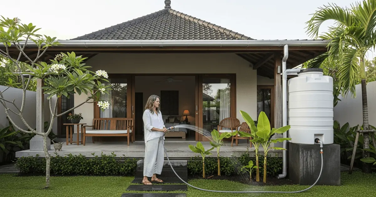 Mulher rega jardim usando sistema para coletar água da chuva em casa sustentável estilo Bali, com tanque e calha.
