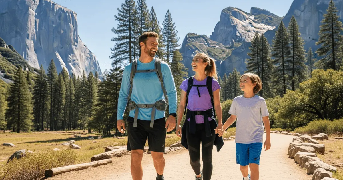 Família em trilha tipo Yosemite, sorrindo e praticando hábitos sustentáveis em contato direto com a natureza.