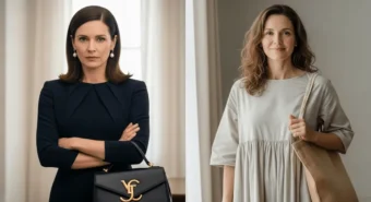 Mulher em look de luxo ao lado da mesma mulher em roupa simples com ecobag, simbolizando hábitos sustentáveis e vida minimalista.