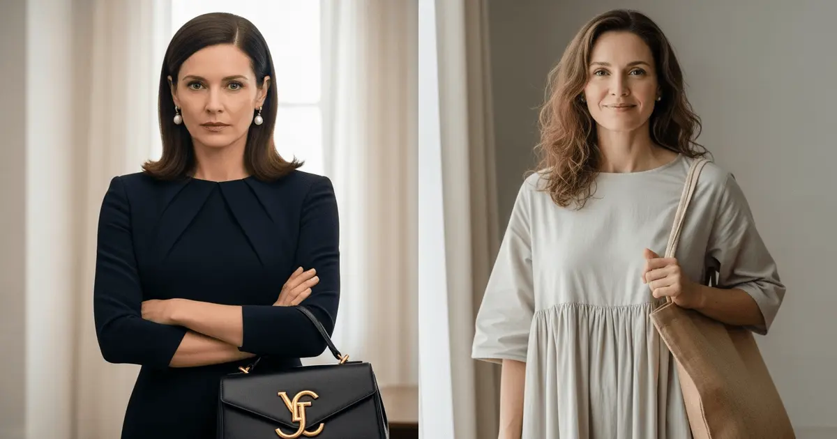 Mulher em look de luxo ao lado da mesma mulher em roupa simples com ecobag, simbolizando hábitos sustentáveis e vida minimalista.