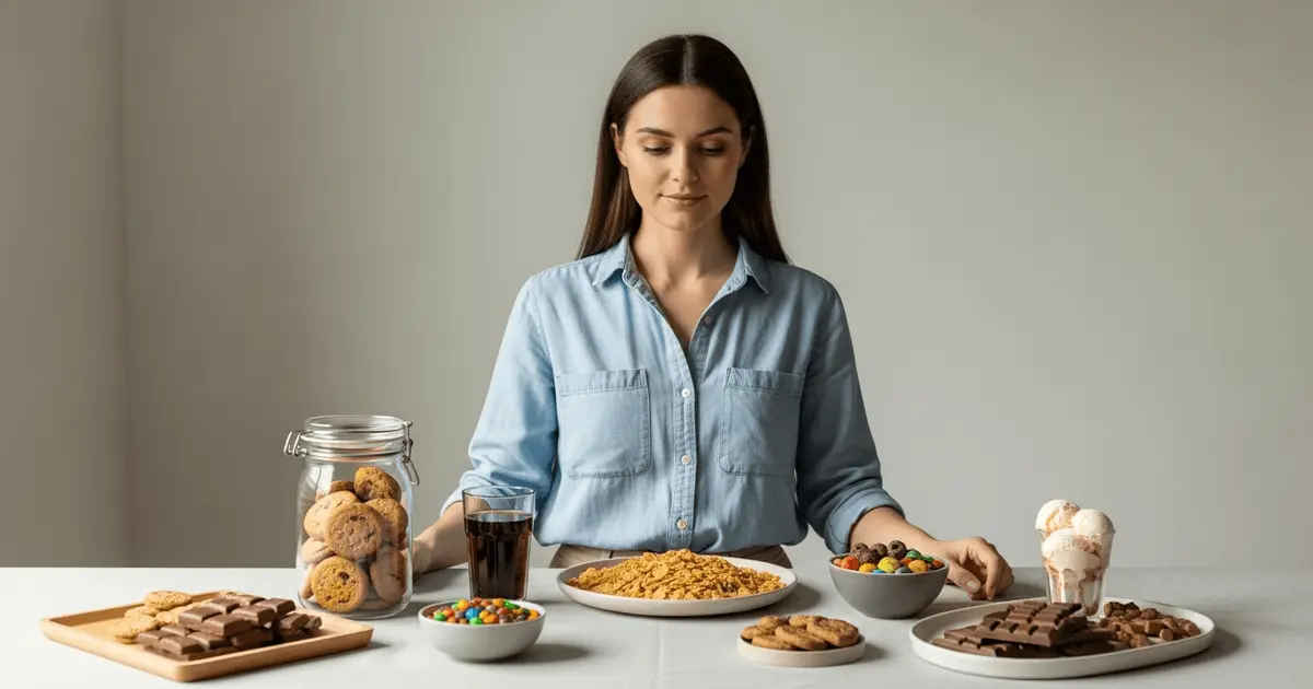 Mulher olhando mesa cheia de doces e refrigerante, refletindo sobre como reduzir o consumo de açúcar na rotina.