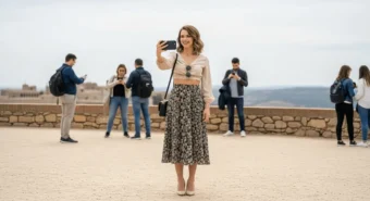 Jovem arrumada faz selfie em viagem, sorriso levemente forçado, expressando a autocobrança que leva a excluir o instagram.