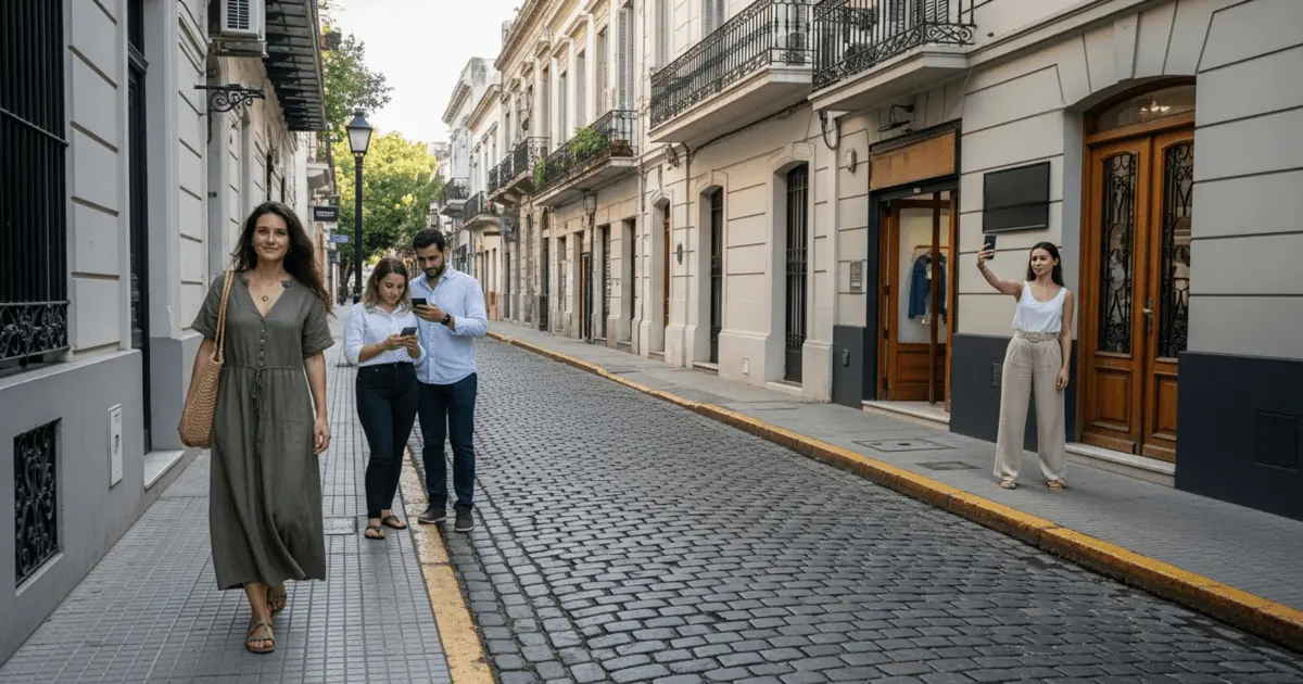 Mulher de vestido verde caminha leve após excluir o instagram, enquanto outras pessoas estão distraídas no celular ou tirando fotos.