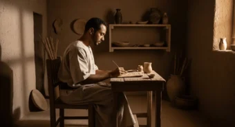 Homem no Egito antigo sentado à mesa de madeira escrevendo em cerâmica, representando hábitos ancestrais de registro do cotidiano.