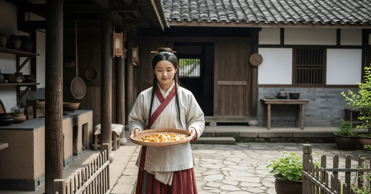 Mulher na China antiga levando peneira com cascas de frutas para secar ao sol, retratando hábitos ancestrais sustentáveis.