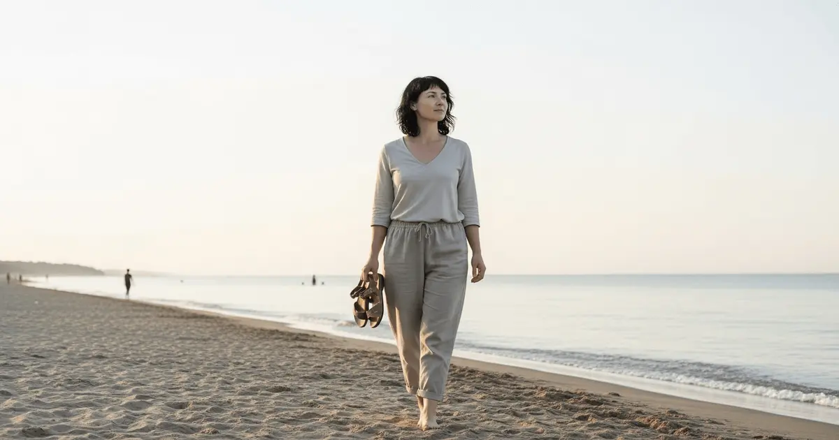 Mulher caminhando sozinha na praia, refletindo sobre como parou de gastar no automático e começou a viver com mais intenção.