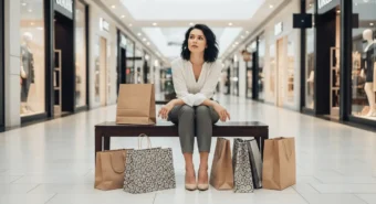 Mulher sentada em shopping cercada por sacolas, preocupada ao perceber que gastar no automático não traz paz nem liberdade.