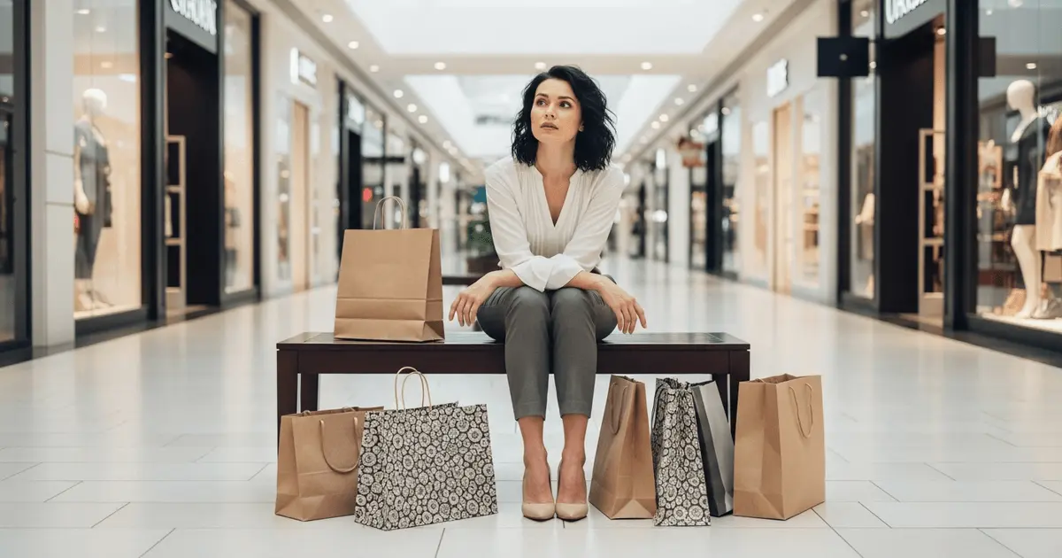 Mulher sentada em shopping cercada por sacolas, preocupada ao perceber que gastar no automático não traz paz nem liberdade.