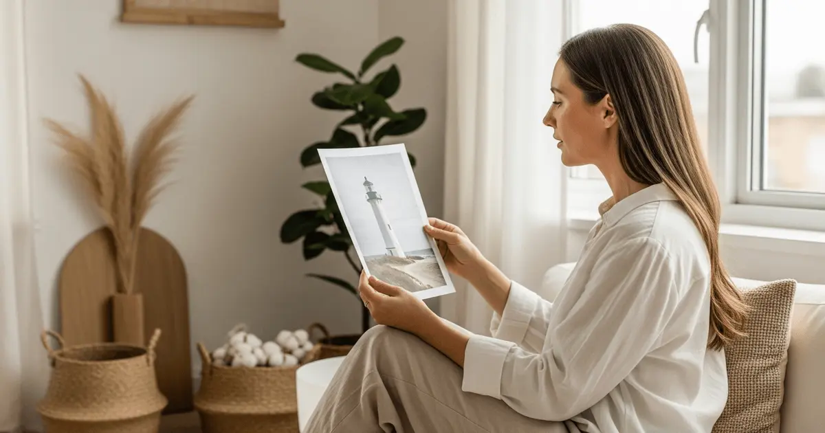 Mulher de perfil segura foto de um farol e reflete o que é dharma; percebe que pode ser um farol no próprio caminho.