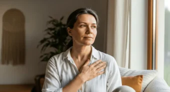 Mulher com a mão no peito olha pela janela e se escuta; momento de pausa que reflete o que é dharma como retorno à própria voz.