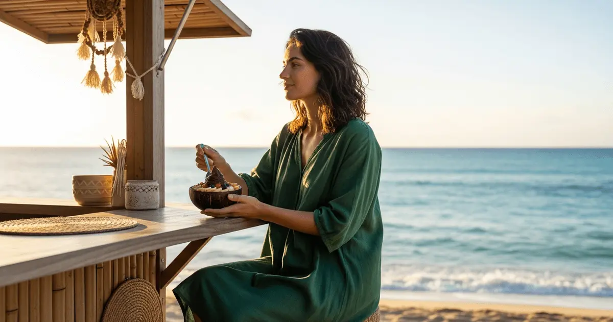 Mulher em quiosque na praia, com tigela de açaí, sorrindo ao perceber como reduzir o consumo de açúcar melhorou seu bem-estar.