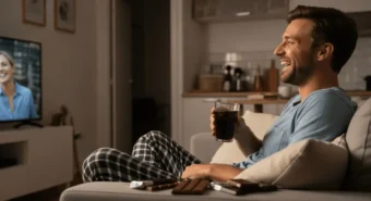 Homem no sofa rindo, com refrigerante e chocolate ao lado, ainda no automático, sem pensar como reduzir o consumo de açúcar.